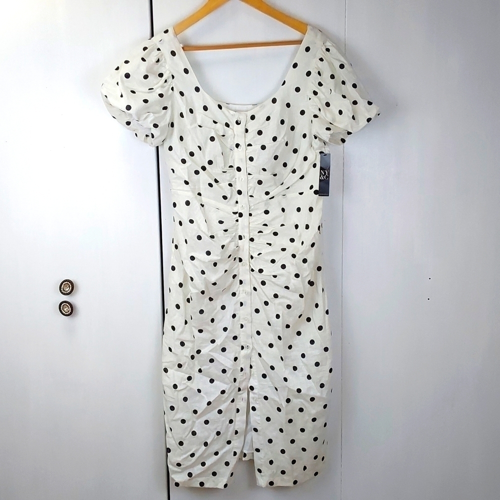NYC White Polka-dot Button Front Puff Sleeve Ruching Linen Dress Flirty Sz.M